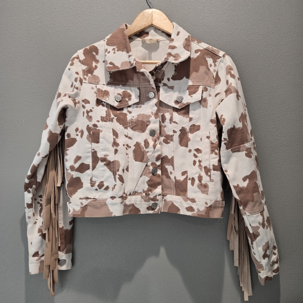 Altar'd State Cropped Fringe Cow Print Denim Cowgirl Rodeo Jean Jacket Size XS - Picture 4 of 4